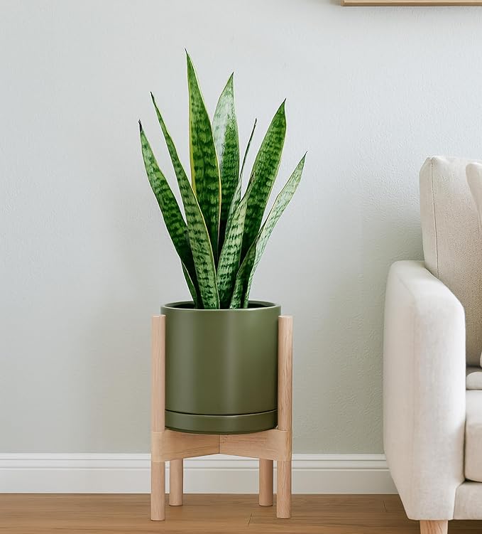 D'vine Dev Ceramic Planter with Natural Stand - 8 Inch Modern Round Flower Pot with Wood Planter Holder, Olive, 55-B-N-J - Bloomnest