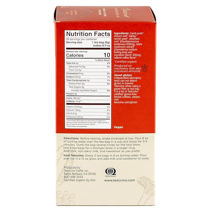 Teeccino Reishi Eleuthero Tea - French Roast - Organic Mushroom Adaptogenic Herbal Tea, 3x More Herbs than Regular Tea Bags, Caffeine Free, Chicory Prebiotic - 25 Tea Bags - Bloomnest