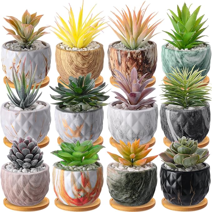 Marbling Ceramic Flower Pot 3.35 Inch Succulent Small Plant Cactus Herbs Planter Ceramic Pot with Drainage Hole Matte Round Container(12 Pcs,Simple Style) - Bloomnest