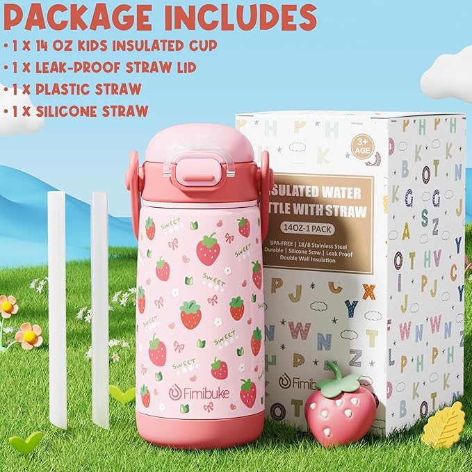 Fimibuke Kids Insulated Water Bottle with Straw Lid & Handle - 14oz BPA FREE 18/8 Stainless Steel Metal Tumbler Leak Proof Double Wall Vacuum Kids Cup Toddler Water Bottle for School Boys Girls - Bloomnest