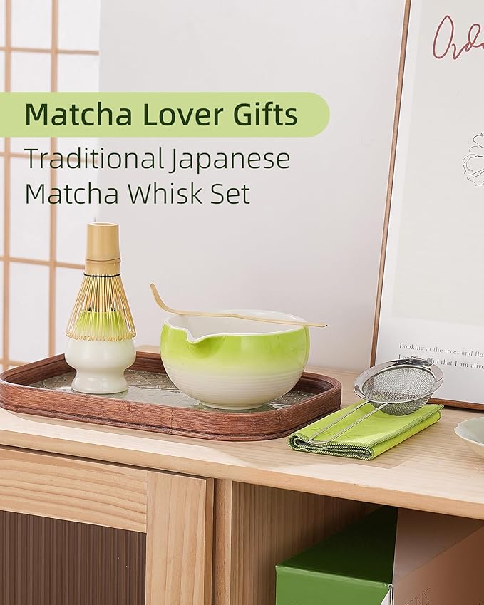 ZENS Matcha Whisk Set, 6pcs Matcha Kit Includes Ceramic Bowl, Handcrafted Bamboo Whisk and Chasen Holder, Scoop, 304 Sifter & Tea Mat，Matcha Set for Tea Ceremony,Latte Making, Green - Bloomnest