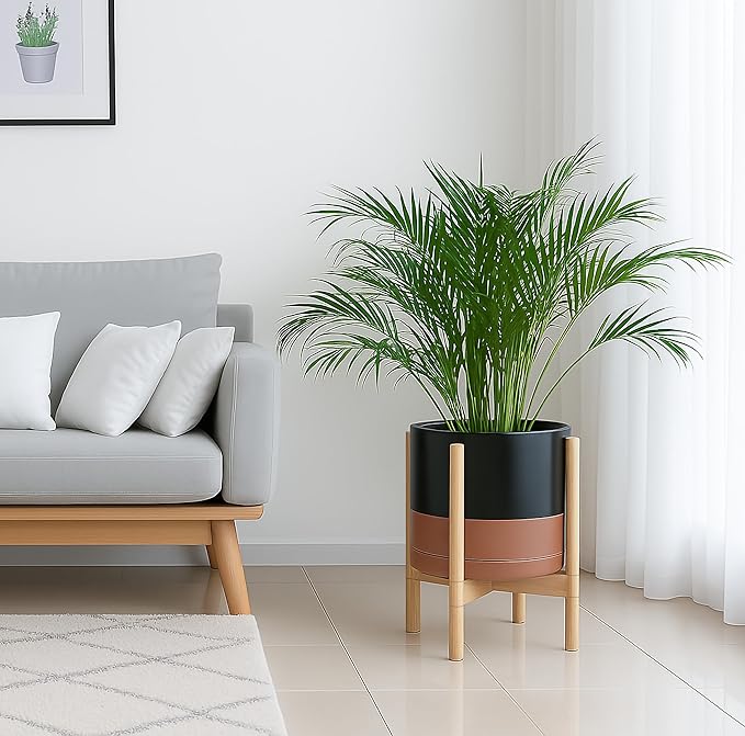 D'vine Dev Ceramic Planter with Natural Stand - 12 Inch Modern Round Flower Pot with Wood Planter Holder, Black/Speckled Tan, 55-B-J-7 - Bloomnest