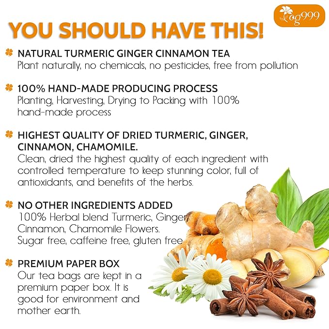 TOG999, Turmeric Ginger Cinnamon Tea Bags | 120 Count | Herbal Blend with Turmeric, Ginger, Cinnamon Stick & Chamomile Flowers for Relaxation | Naturally Flavorful, Caffeine-Free | Packed in Paper Box - Bloomnest