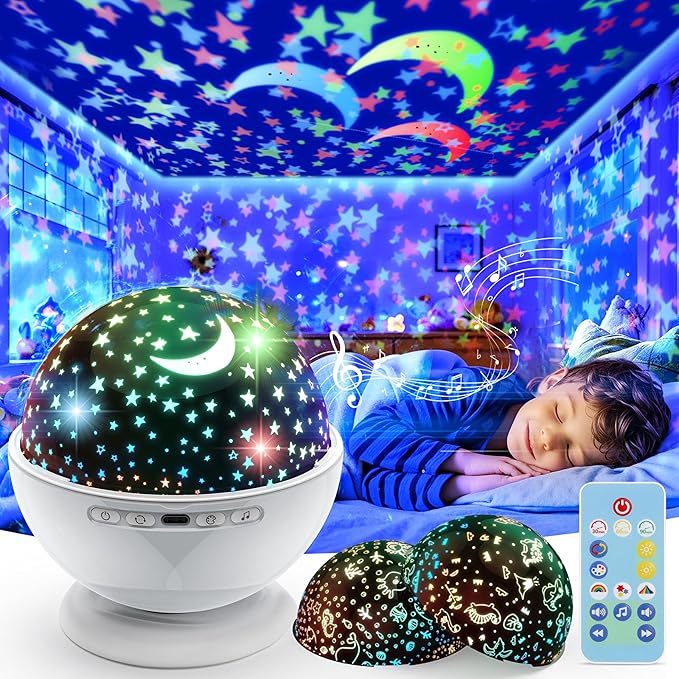 Night Light Projector,Night Light for Kids Room with Remote and Timer,360° Rotation,3 Projection Films,18 Light Modes,8 Lullaby Songs,Kids Night Lamp, Birthday Christmas Gifts for Boys Girls (White) - Bloomnest