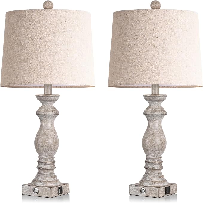 24.5" Table Lamp Set of 2, Rustic Farmhouse Bedside Lamps with USB A+C Charging Ports, 3-Way Dimmable Touch Control Nightstand Lamps for Living Room Bedroom, Antique Grey White, LED Bulbs Included - Bloomnest