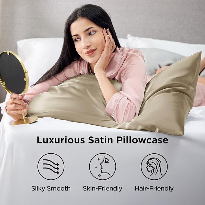 Bedsure Satin Pillowcases, Similar to Silk Pillow Cases Queen Size Set of 2, Pillow Case for Sleeping Women with Envelope Closure, Gifts for Women Men, Khaki, 20x30 Inches, 2pcs - Bloomnest