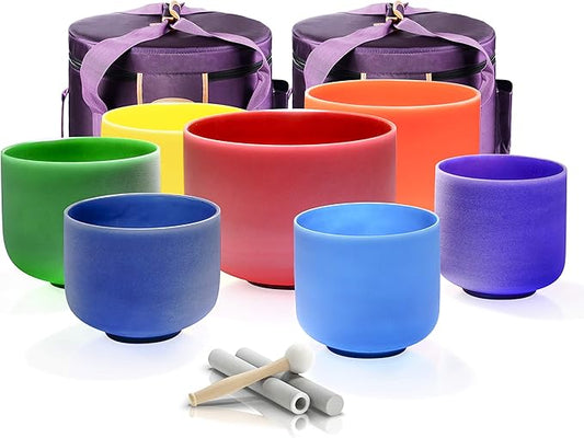 TOPFUND 7-12 inch 432Hz Chakra Set of 7 Color Crystal Singing Bowls with Carrying Cases and Mallets