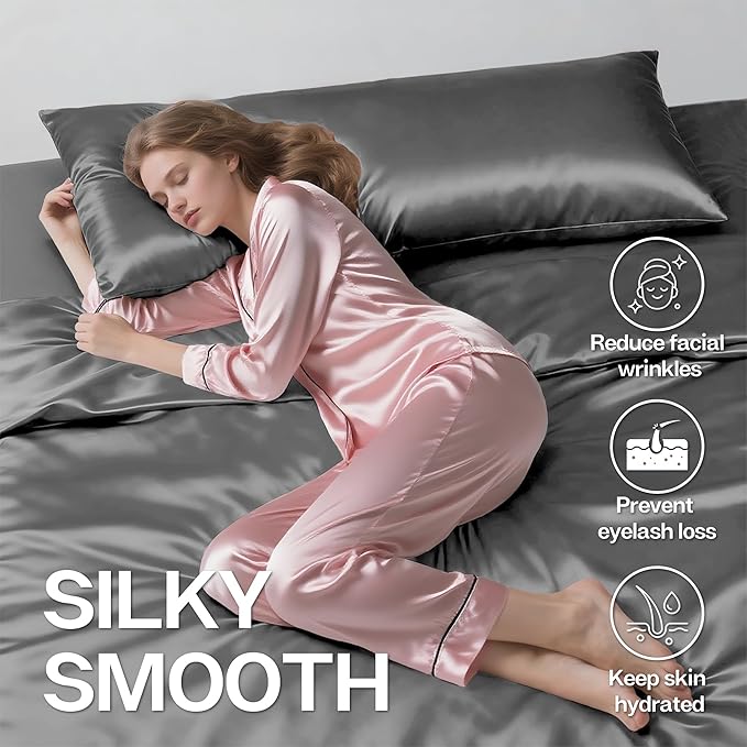 MR&HM Satin Body Pillow Cover, Soft and Breathable Body Pillow Case with Envelope Closure, Cooling and Silky Long Pillowcase for Hair and Skin,Grey (20x54, Dark Grey) - Bloomnest