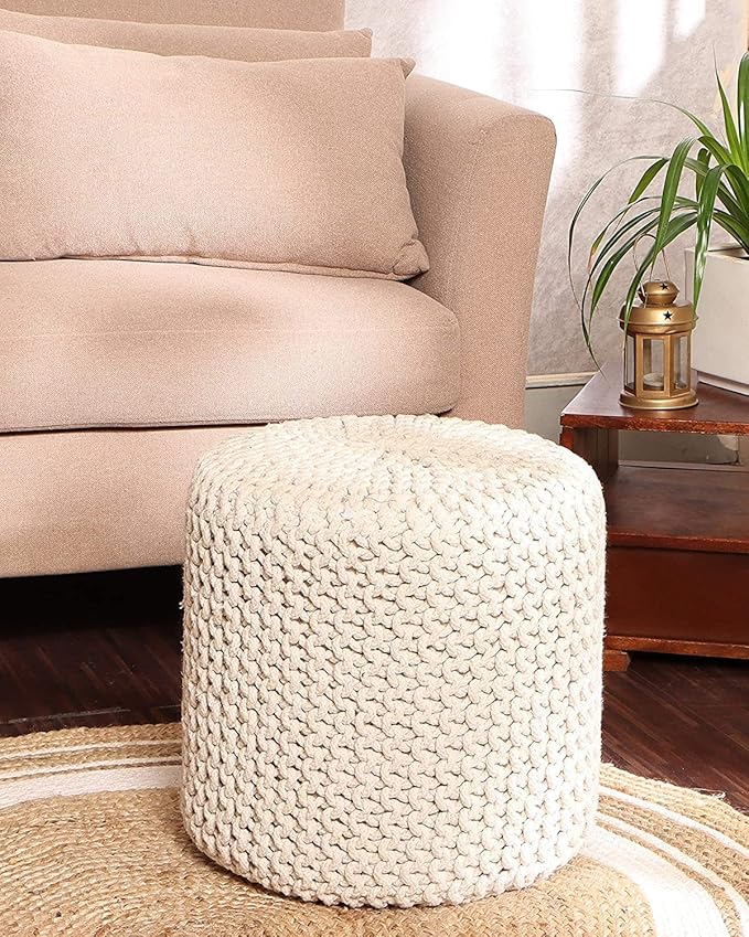 REDEARTH · Cylindrical Hand Knitted Pouf - Foot Stool Ottoman - Cord Boho Pouffe - Cotton Round Poof for Home Decor - Living Room - Nursery - Bedroom - Patio (16" x 16" x 16") - Ivory - Bloomnest