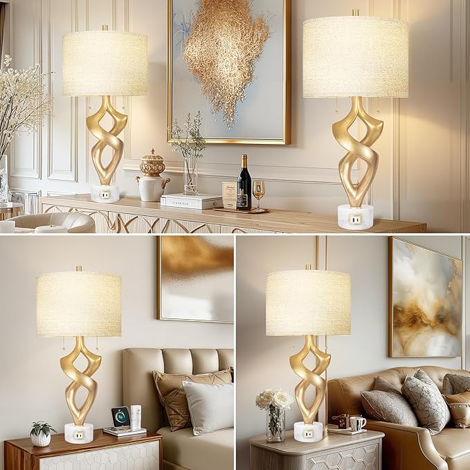 Scenekoy Sculptural Resin Table Lamp Set of 2 with USB Ports for Bedroom Living Room, 31” Big Gold Leaf Marble Base Bedside Lamps, Pull Chains Switch Modern Nightstand Lamp for Home Room Decor - Bloomnest