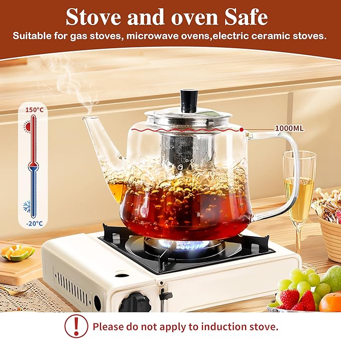 Glass teapot with infuser, Ehugos 1000ml(33oz) Stovetop Safe Hand Crafted Clear Glass Teapot with Removable Infuser for Loose Leaf Tea and Blooming Tea - Bloomnest