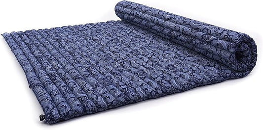 Leewadee - Foldable Floor Mattress - Japanese Roll Up Futon -Trifold Tatami Mat- Guest Floor Bed - Camping Mattress - Thai Massage Mat, Kapok Filled, 75 x 57 inches, Blue White - Bloomnest
