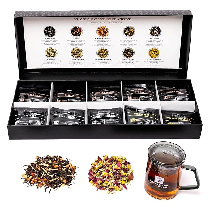Pure And Easy Tea, Premium Loose Leaf Tea Sampler Set, 30-Count Variety Pack with 10 Herbal & Caffeinated Flavors, Natural Wellness & Luxury Tea Gift Box, 150g - Bloomnest