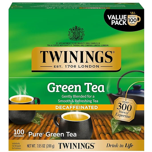 Twinings Decaffeinated Green Tea Individually Wrapped Bags, 100 Count (Pack of 1), Smooth Flavour, Enticing Aroma, Enjoy Hot or Iced, 100 Teabags