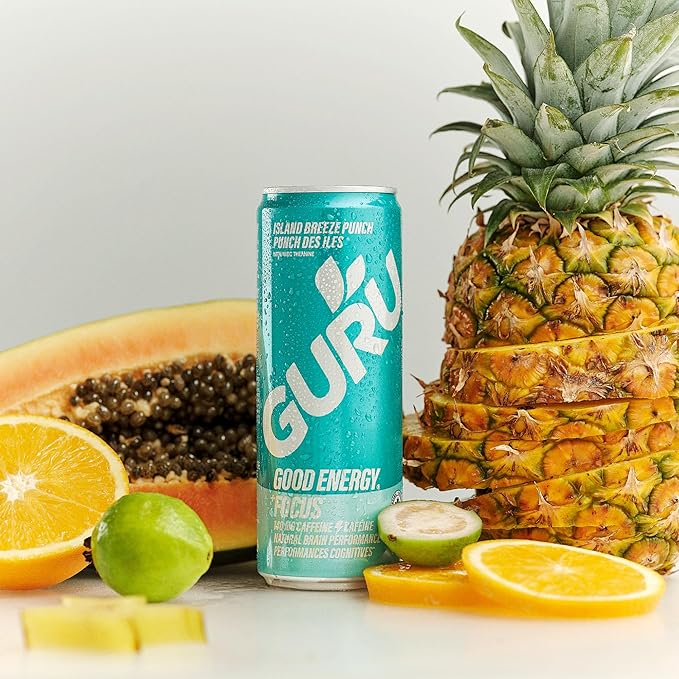 GURU Island Breeze Punch Organic Energy Drinks, Clean Energy Drink with Plant Based Natural Caffeine from Green Tea + Focus with L Theanine, Gluten Free and Vegan, 140MG Caffeine, 12oz (Pack of 24) - Bloomnest