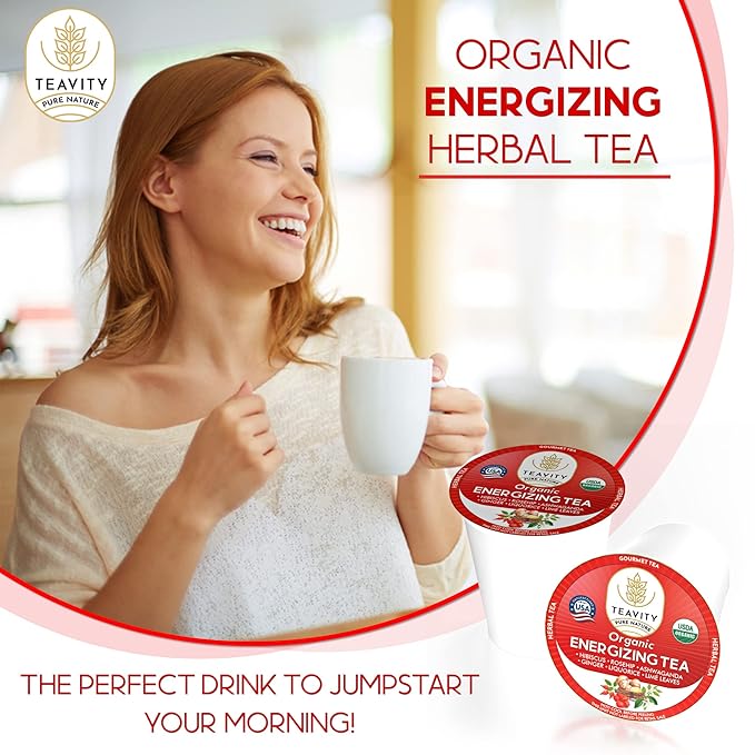 Organic Ashwagandha Tea Pods for Keurig with Ginger, Licorice, Organic Hibiscus Sabdariffa, Rosehip, & Lime - Decaf Herbal Tea - Energizing Tea by Teavity (12 Tea Pods) - Bloomnest