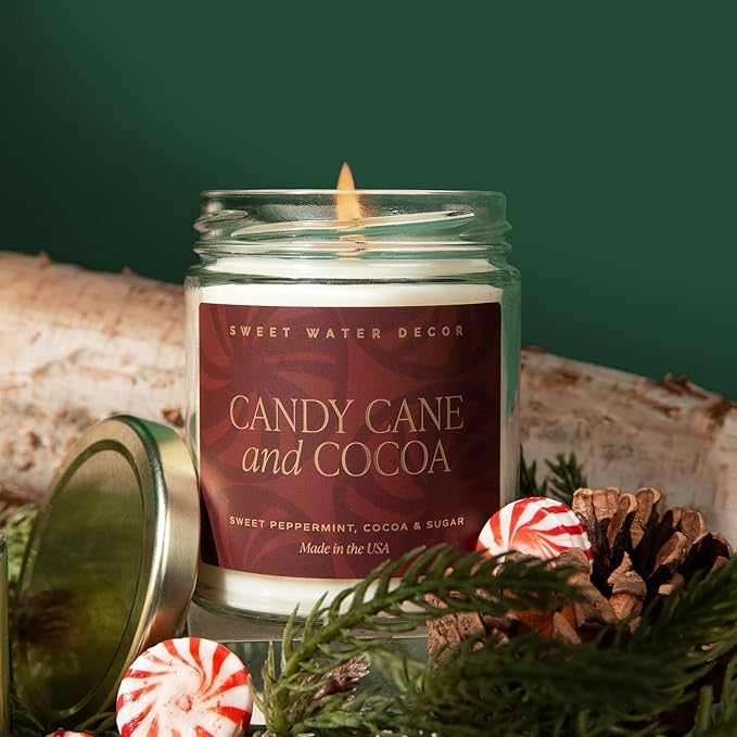 Sweet Water Decor Candy Cane and Cocoa Soy Candle - Hot Chocolate Peppermint Candle for Christmas Decor - Gold Foil Pattern 9oz Clear Jar, 40 Hour Burn Time, Made in The USA - Bloomnest