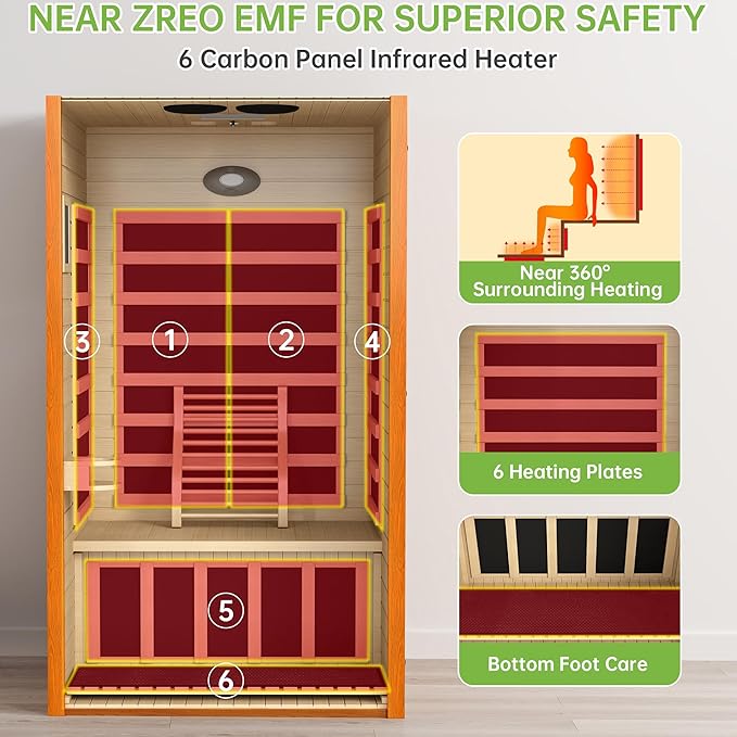Real Relax Infrared Sauna for Home, Home Infrared Saunas up to 1-2 Persons, Canadian Hemlock Wooden Indoor Dry Sauna Room with Low Emf Red Light Therapy, 9-Color Chromotherapy Lights RealRelax