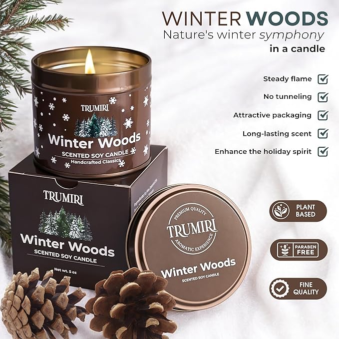 Winter Woods - Soy Candles for Home Scented - for Fall Christmas Holidays - 5oz Natural Clean Non Toxic - Long Lasting Highly Scented Pet Safe Luxury Tin - Velas Aromáticas Para el Hogar - Pine Candel TRUMIRI