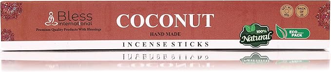 Bless-Coconut 100%-Natural-Handmade-Hand-Dipped-Incense-Sticks Organic-Chemicals-Charcoal-Free Purification-Relaxation-Positivity-Yoga-Meditation Best-Woods-Scent (25 Sticks (1.4 OZ)) BlessInternational