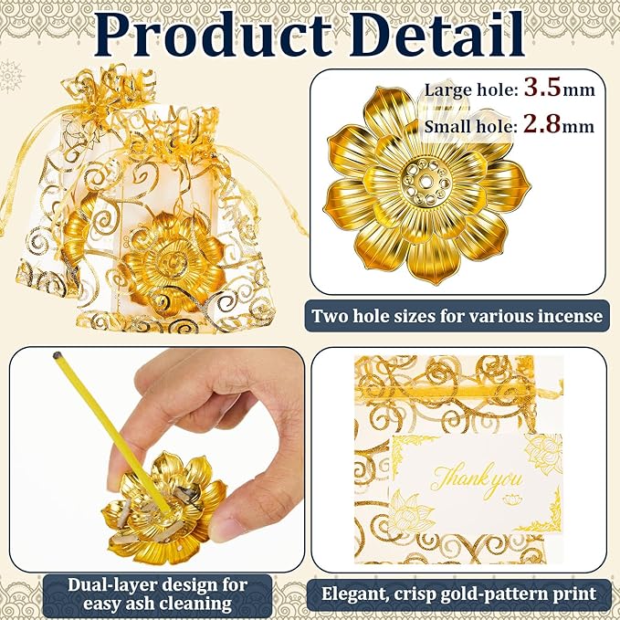 Amyhill 138 Pack Diwali Gifts Bulk, Lotus Incense Burner, Indian Return Gifts for Pooja Bulk, Stick Holder, Gold Double Layer Design with Organza Bags & Thank You Cards, Indian Return Gift (Golden) - Bloomnest