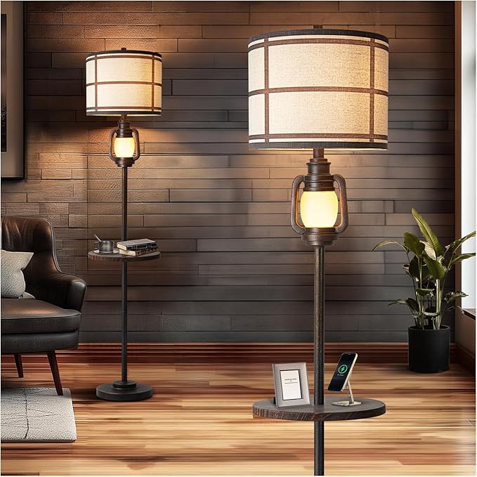 Rustic Farmhouse Metal Tray Floor Lamp For Living Room With Nightlight Vintage Tall Lamp With Linen Fabric Shade Industrial Standing Lamp For Bedroom Office Home House Study (Bulb Included) - Bloomnest