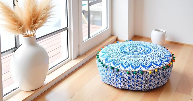INDIAN CRAFT CASTLE ICC Mandala Barmeri Large Floor Pillow Cover Cushion Meditation Seating Ottoman Throw Cover Hippie Decorative Zipped Bohemian Pouf Ottoman Cases Blue Ombre 24" Round - Bloomnest