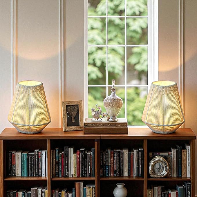 JHY DESIGN Set of 2 Woven Lampshade Table Lamps 8" H Cotton Rope Bedside Light‌s Cordless Decorative Battery Operated Lamps with 6 Hours Timer for Bedroom Living Room Home Parties Patio Events - Bloomnest