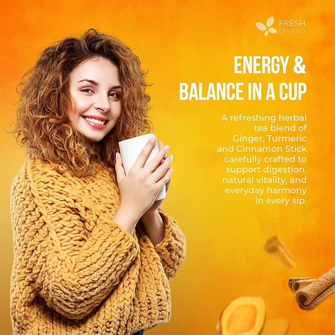 FreshDrinkUS, Premium Turmeric Ginger Cinnamon Tea Bags | 75 Tea Bags | Herbal Spice Tea Blend, Naturally Caffeine Free, Warm & Aromatic Flavor, 100% Natural Ingredients, Convenient Tea Bags - Bloomnest