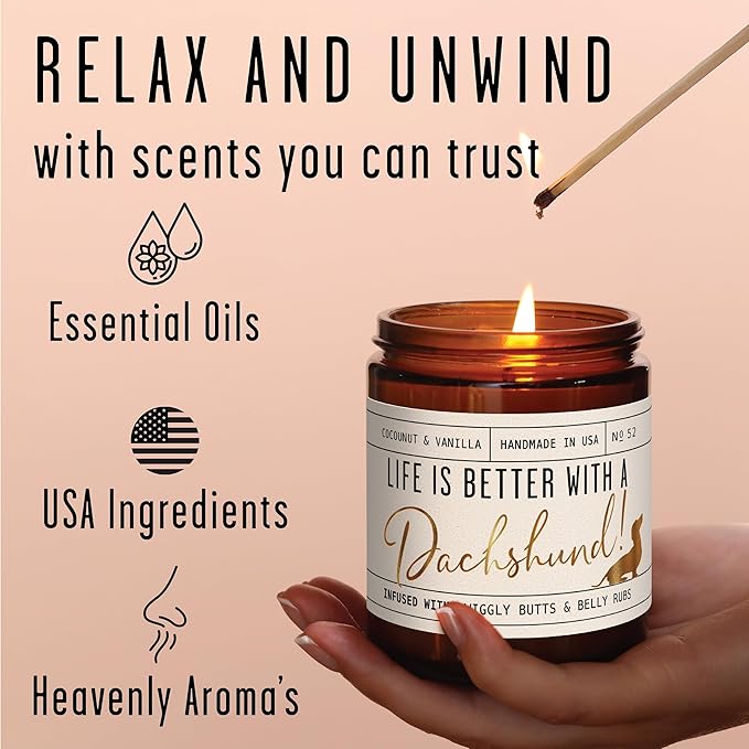 Dachshund Gifts for Women - 'Life is Better with a Dachshund' Candle, w/Vanilla, Coconut & Citrus - Infused w/Essential Oils I Weiner Dog Gifts for Women I Dachshund Decor I 50Hr Burn, USA Made - Bloomnest