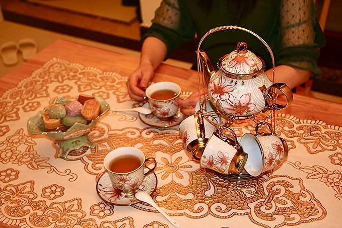 20 Pieces Porcelain Tea Set With Metal Holder, European Ceramic tea set for adults,Flower Tea Set,Tea Set For Women With Flower Painting (Large version, White) - Bloomnest