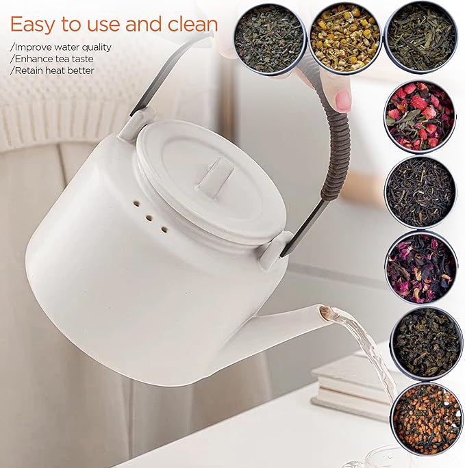 Small Stove Safe Ceramic Teapot with Cold Touch Curved Handle (27oz) - Hand-Glazed Finish - Suitable for Boiling Water and a Variety of Teas and Herbs - Matte Black-White - Bloomnest