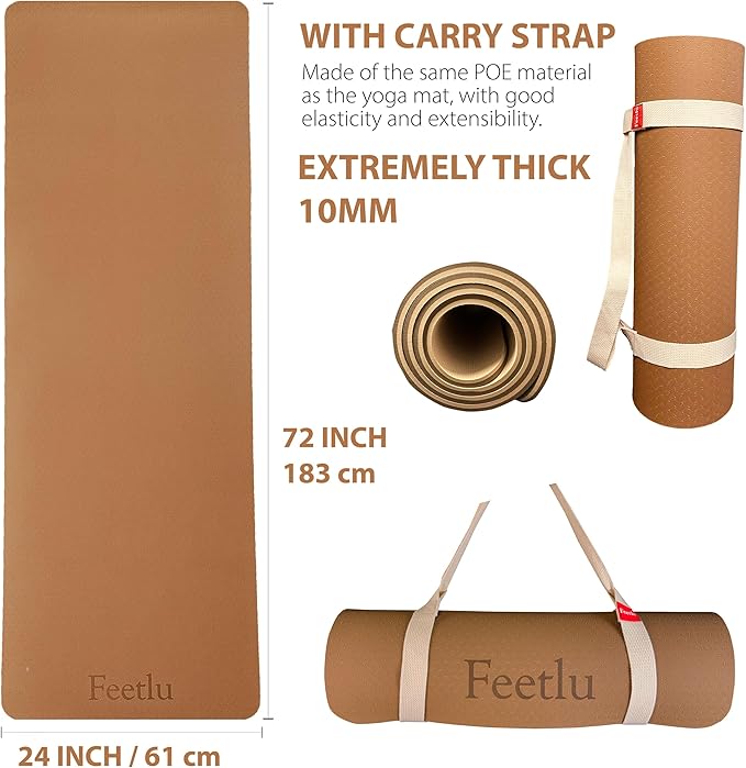 Extra Thick Exercise Yoga Mat with Strap - 2/5 Inch (10MM), Non-Slip Workout Mat for Yoga, Pilates, and Floor Exercises - Bloomnest