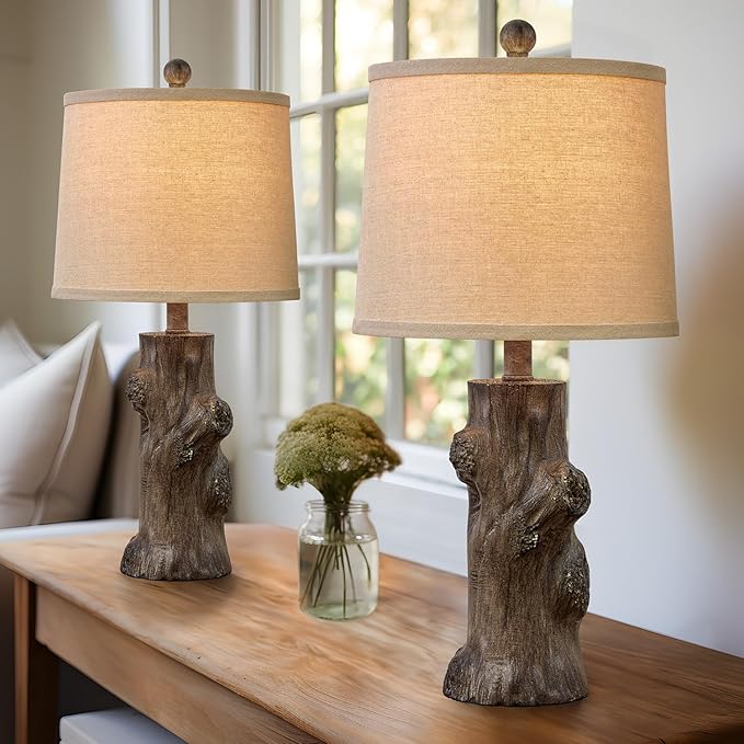 OYEARS 23"Resin Table Lamps for Living Room Set of 2 Country Cottage Farmhouse Lamp for Bedroom Tree Trunk Wood Grain with Oatmeal Fabric Round Shade Vintage Rustic Traditional Nightstand Bedside Lamp - Bloomnest