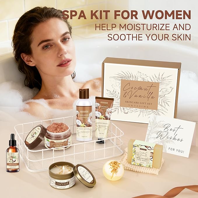Gifts for Women Happy Birthday Gift Baskets, Bath and Body Gift Set Mothers Day Gifts, Vanilla Coconut Relaxing Home Spa Set Self Care Gift for Mom Sister Her Wife Grandma Girlfriend Friends - Bloomnest