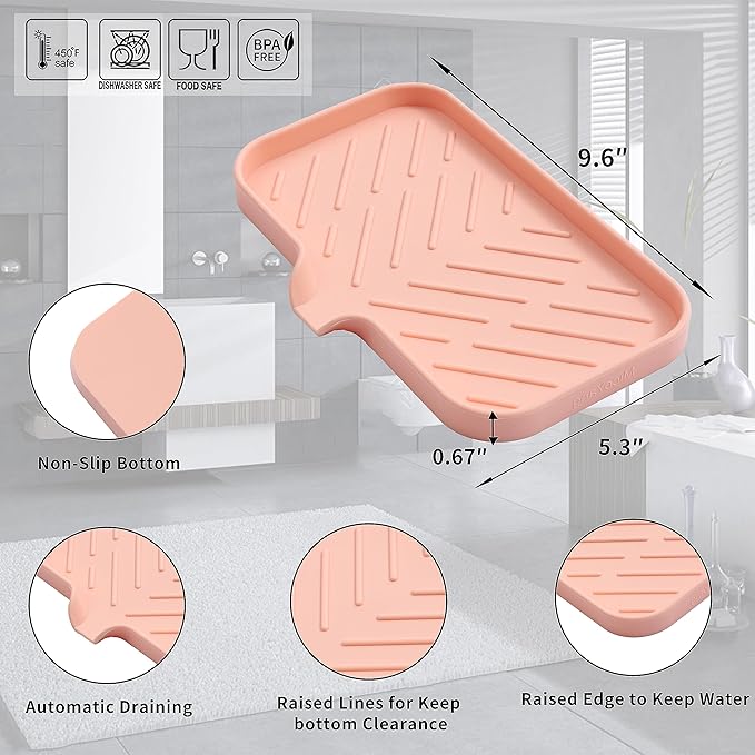 Silicone Bathroom Soap Dishes with Drain Spout-Bathroom and Kitchen Sink Organizer,Sponge Holder,Dish Soap Tray,Perfect for Dispenser,Scrubber,Bottle,Cup on Sink or Counter-Pink 9.6"×5.3" - Bloomnest