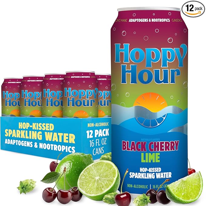 Hoppy Hour Sparkling Adaptogen Hop Water with Lion’s Mane & L-Theanine for Focus & Relaxation | Non-Alcoholic & Nootropic Drink | Zero Sugar & Calories | Black Cherry Lime | 16 FL Oz. 12 Pack - Bloomnest