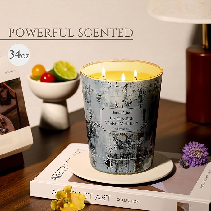 HomeLights Scented Candles for Women & Men, 34oz Candle Jars Aromatherapy 3-Wick Candle, Ideal for Industrial Chic Home Decor and Gifts, Cashmere Warm Vanilla - Bloomnest