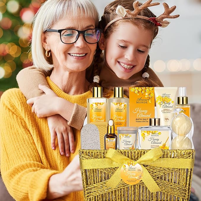 Bath & Body Gift Set, Luxury Home Spa Bath Gift Basket, Honey Almond Scented Bath Set, Pamper Gifts for Women & Teens, 15 Pcs Relaxing Home Spa Kit with Bubble Bath, Bath Salts, Body Lotion - Bloomnest