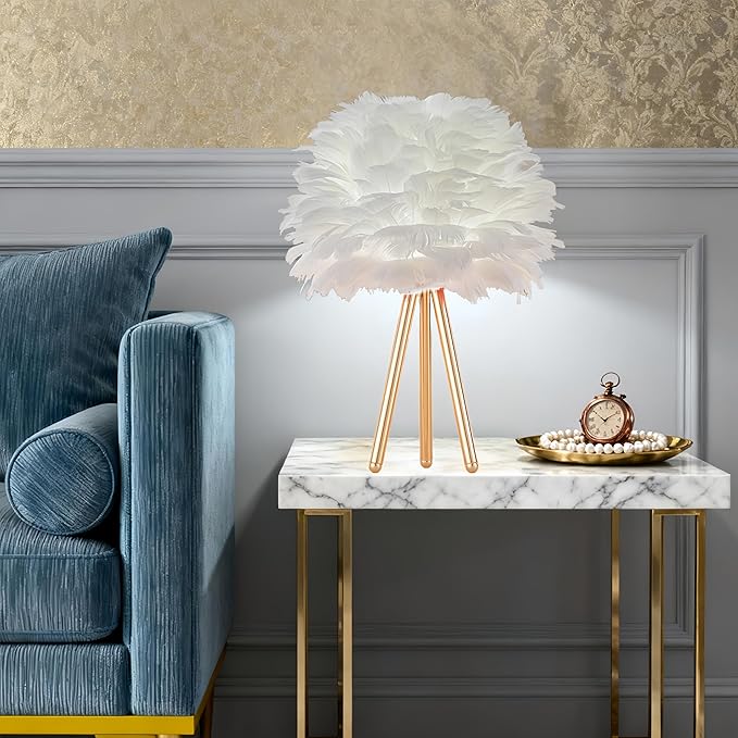ZYLEIESENBAO White Feather Lamp Furry Table Lamp H16'' Modern Princess Feather Desk Lamp Tripod Fluffy Bedside Nightstand Light for Bedroom Wedding Atmosphere Girl Gift Living Room Retaurant Entryway - Bloomnest