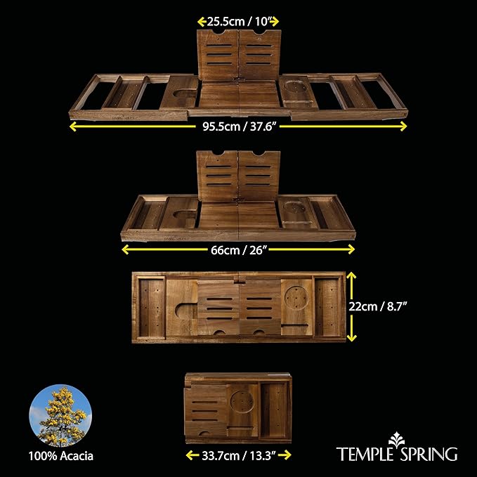 Temple Spring Foldable Bathtub Tray, Unique Design Selfcare Bathroom Caddy, Acacia Spa Bathroom Tray, Wooden Bathtub Accessories, Wedding Gift/Birthday Gift/New Home Bath Table – Not Teak - Bloomnest
