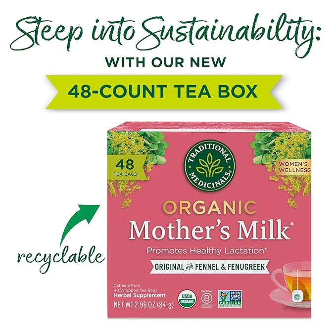Traditional Medicinals Organic, Mother's Milk Tea - Supports Breastfeeding & Lactation with Fennel and Fenugreek - Kosher, Non-GMO, Caffeine-Free, Compostable - 48 Tea Bags - Bloomnest