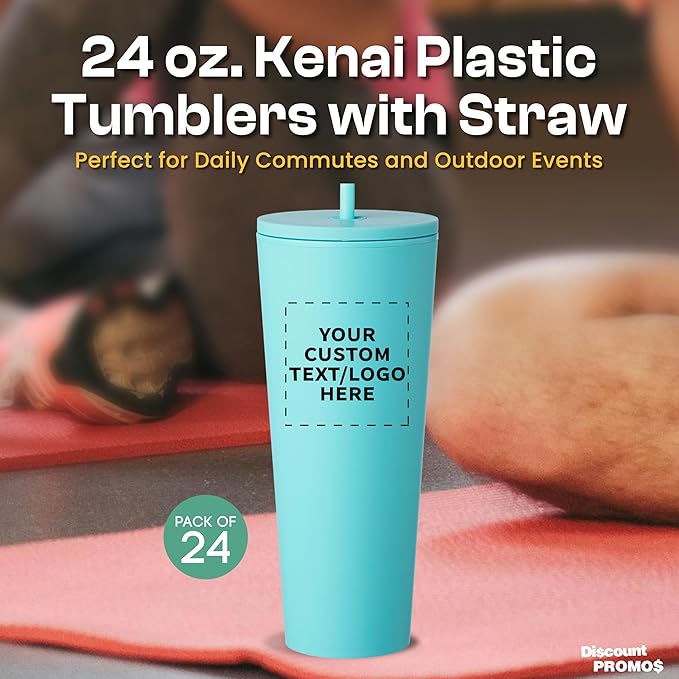 DISCOUNT PROMOS Custom Kenai Plastic Tumblers with Straw 24 oz., Set of 24, Personalized Bulk Pack - Ideal for Busy Professionals, With lids, Ice Coffee Tumbler, To Go Cup, Insulated - Mint - Bloomnest