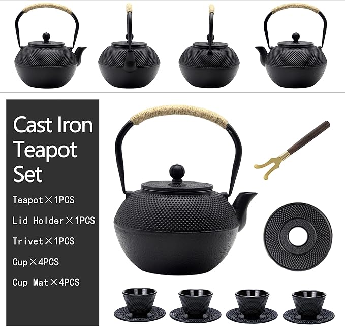 YJX 40.6 fl oz Cast Iron Teapot Set, Japanese Tetsubin Tea Set with Cast Iron Teacups, Small Tea Kettle Set with Strainer for Loose Tea, Enameled Interior (1200ml Tea Set with Cups and Saucers) - Bloomnest