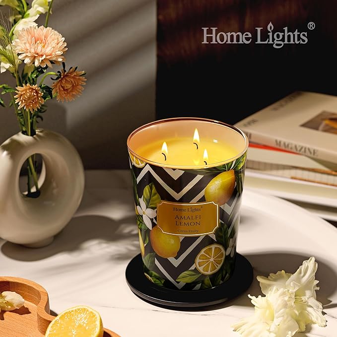 HomeLights Large jar Candle | 3-Wick Long-Lasting Scented Candles, 34oz Natural Soy Wax Candle for Home Scented, Eclectic Mixed Styles Gifts for Women & Men, Amalfi Lemon - Bloomnest