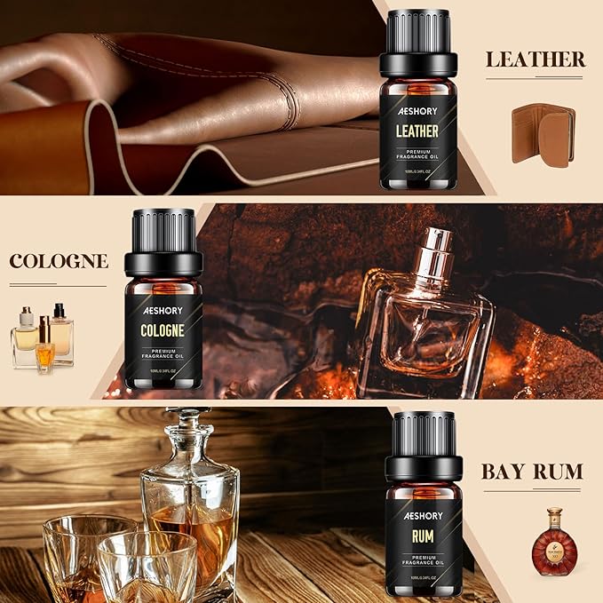 Gentlemen's Essential Oils Set - 6x10ML Mens Fragrance Oil for Candle Making, Diffuser - Sandalwood, Cedar, Leather, Sweet Tobacco, Bay Rum, Cologne Aromatherapy Oils for Men - Bloomnest