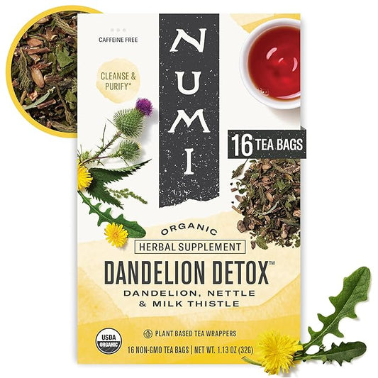 Numi Organic Dandelion Detox Herbal Tea - 16 Herbal Bags Caffeine‑Free Blend with Dandelion Root & Leaf Nettle Burdock Red Clover Milk Thistle Lemon Peel Cardamom & Lemon Myrtle for Gentle Cleanse