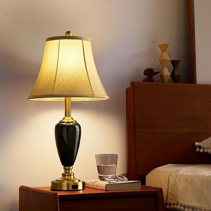 24" Ceramic Table Lamp with 3 Way Dimmable Touch Lamps - 2 USB Ports & AC Outlet Bedside Lamps, Modern Nightstand Lamp for Bedroom Living Room Office (Bulb Included) (Dark Green-2 Pack) - Bloomnest
