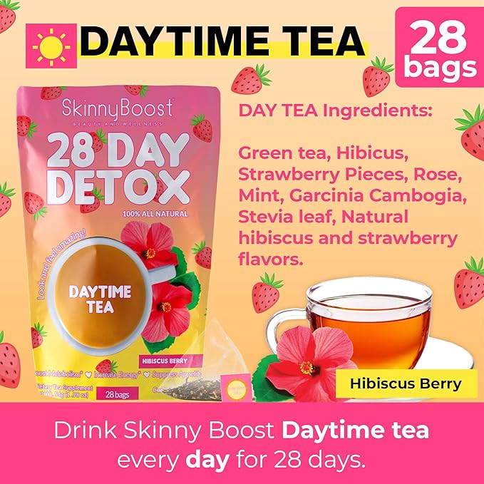 Skinny Boost Detox Tea Kit- 2 PACK –1 Daytime HIBISCUS (28 Bags) + 1 Evening APPLE CINNAMON-(14 Bags) – Herbal Detox for Energy, Bloating & Colon Cleanse – Green Tea, Vegan, Keto, Non-GMO, Sugar-Free - Bloomnest