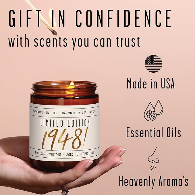 77th Birthday Gifts for Women - 'Limited Edition 1948' Soy Candle, w/Champagne on Ice I 77 Birthday Gifts for Women I 77th Birthday Gift for Her Ideas I 9oz Reusable Jar, 50Hr Burn, Made in USA - Bloomnest